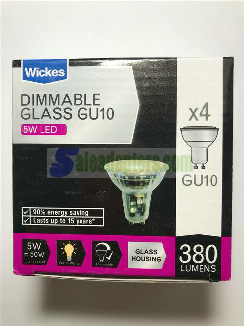 PACK OF 4 Wickes LED Glass Dimmable Bulb 5W -#x3D; 50W 380lm GU10 Warm White A