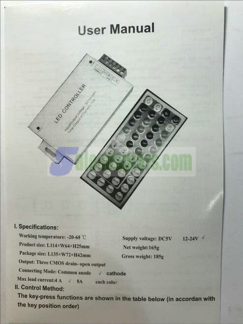 44-Key LED Controller Remote Input/Output 12V-24V 24A for LED RGB Strip Light