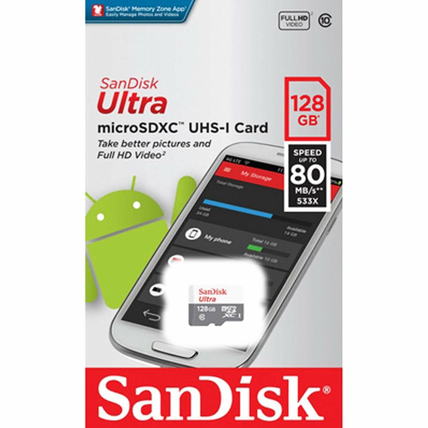 SanDisk Ultra 128GB 80MB/S Class 10 Micro SD MicroSDXC TF Memory Card SDSQUNS 100% GENUI