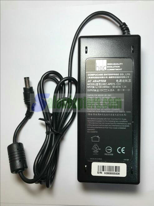 Genuine HEC Compucase Enterprise CO LTD AC Adapter model HEC-AP075-12V 12V 6.25A