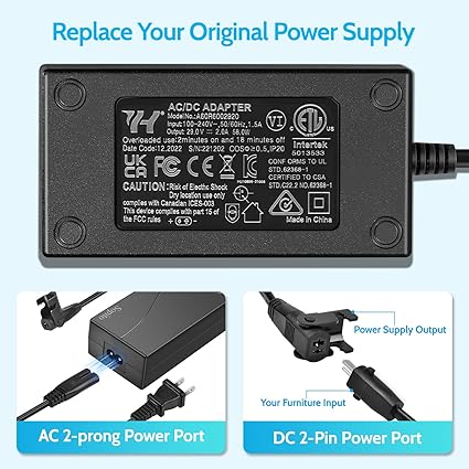 Power Recliner Power Supply, Sopito 2-Pin AC/DC Adapter 100-240V, Quality 29V 2A Switchi